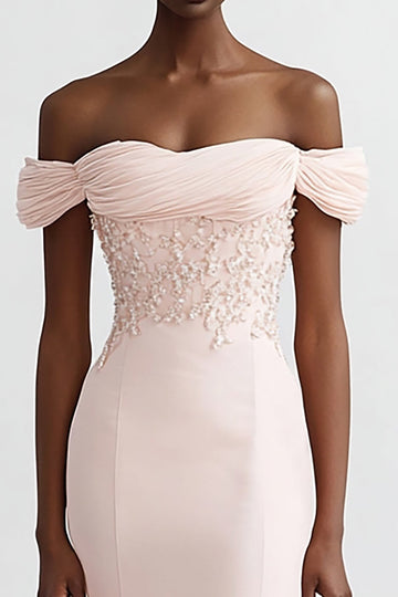 Off The Shoulder Mermaid Pink Appliqued Evening Dress